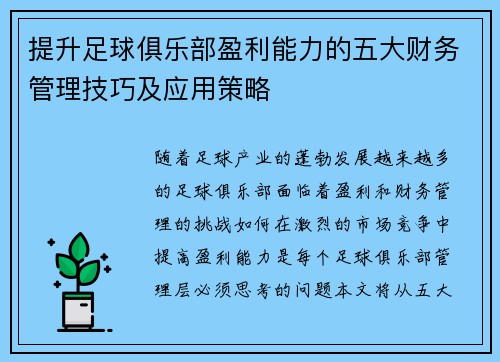 提升足球俱乐部盈利能力的五大财务管理技巧及应用策略